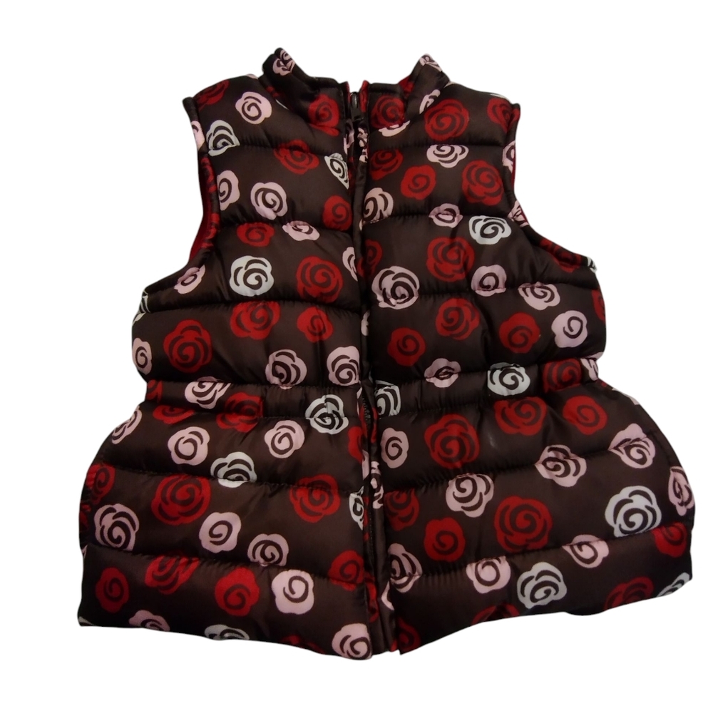 GUC Gymboree Brown Floral Puffer Vest with Red and Pink Roses XS 3-4 Adorable!